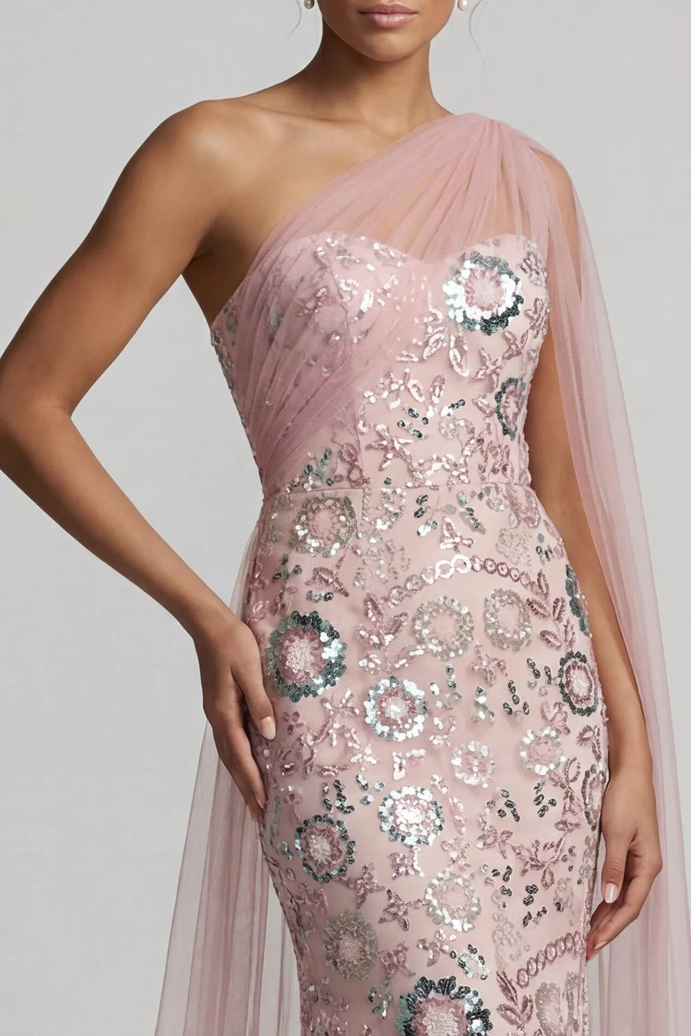 Mermaid Beaded Sparkly Pink Long Mother of the Bride Dress with Side Cape sold by Zapaka product image thumbnail 4