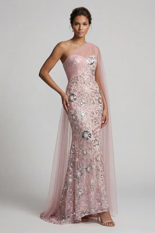 Mermaid Beaded Sparkly Pink Long Mother of the Bride Dress with Side Cape made by Zapaka