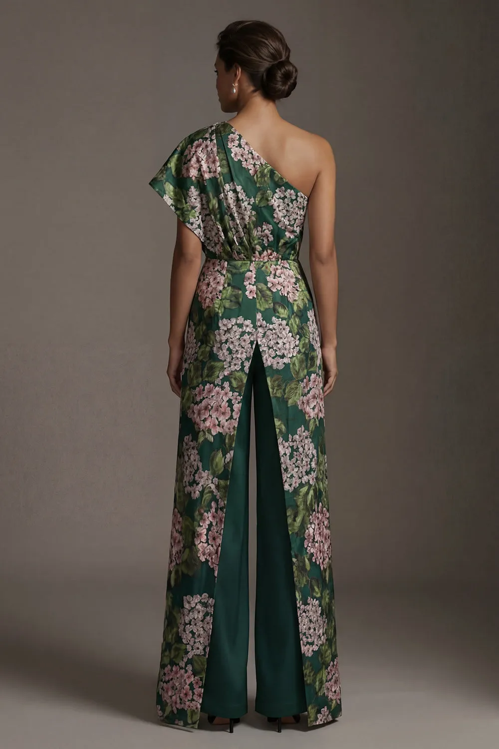 Dark Green Floral One Shoulder Long Mother of the Bride Jumpsuits with Pockets sold by Zapaka product image thumbnail 2