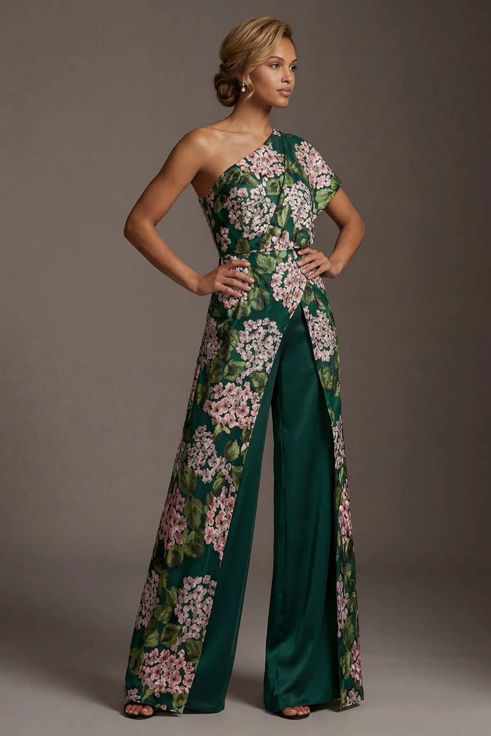 Dark Green Floral One Shoulder Long Mother of the Bride Jumpsuits with Pockets sold by Zapaka product image thumbnail 3