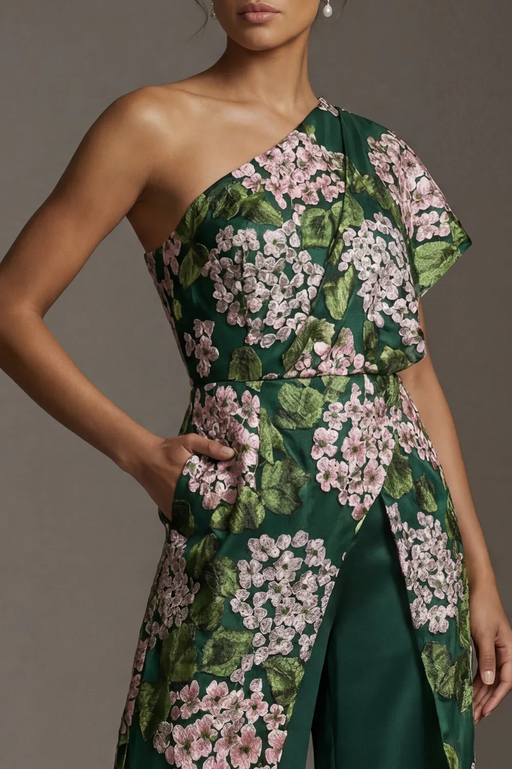 Dark Green Floral One Shoulder Long Mother of the Bride Jumpsuits with Pockets sold by Zapaka product image thumbnail 4