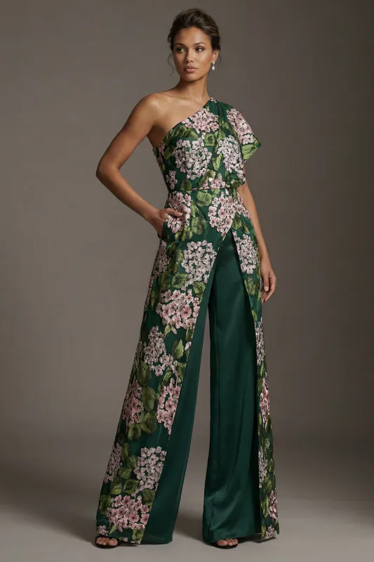 Dark Green Floral One Shoulder Long Mother of the Bride Jumpsuits with Pockets made by Zapaka