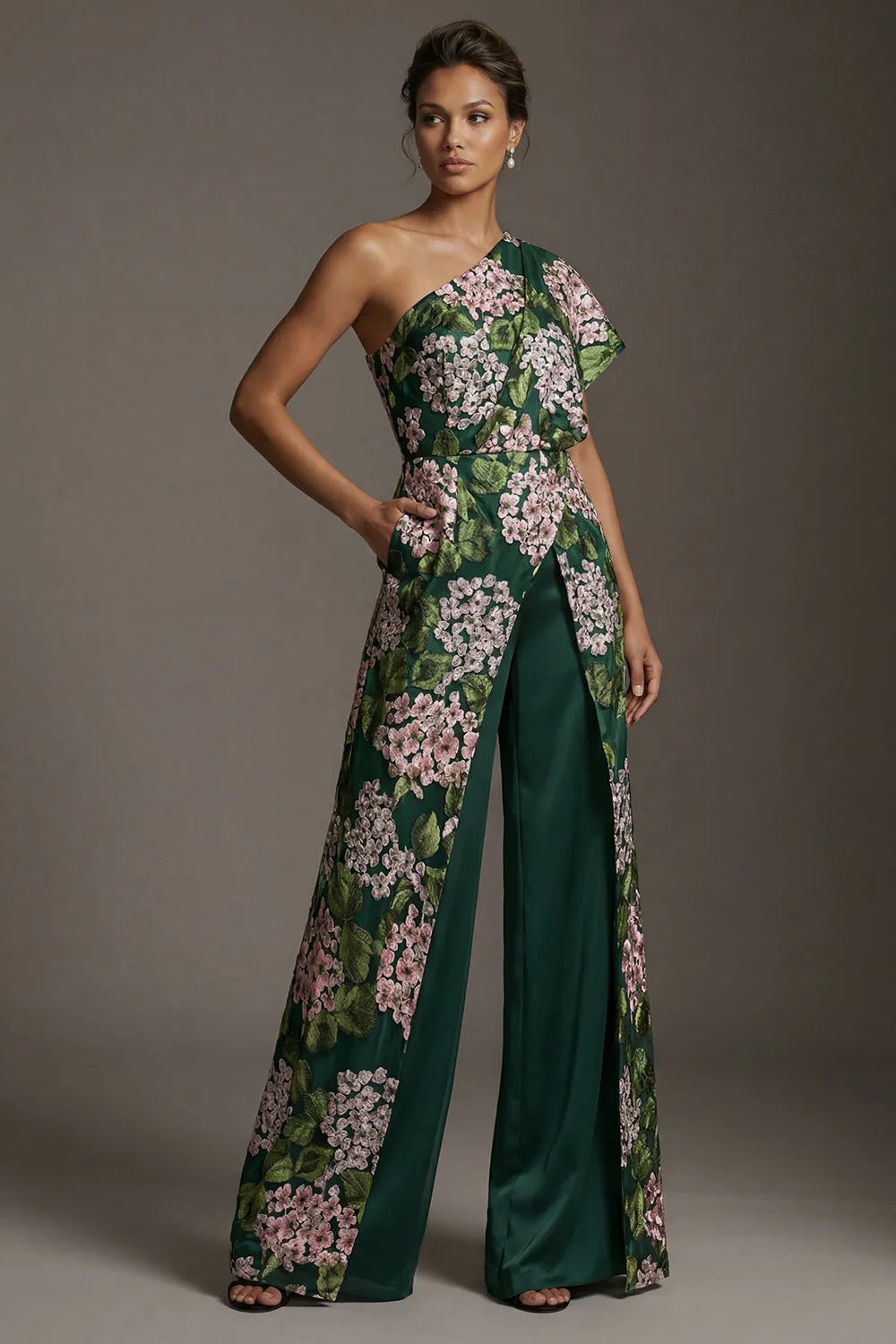 Dark Green Floral One Shoulder Long Mother of the Bride Jumpsuits with Pockets sold by Zapaka