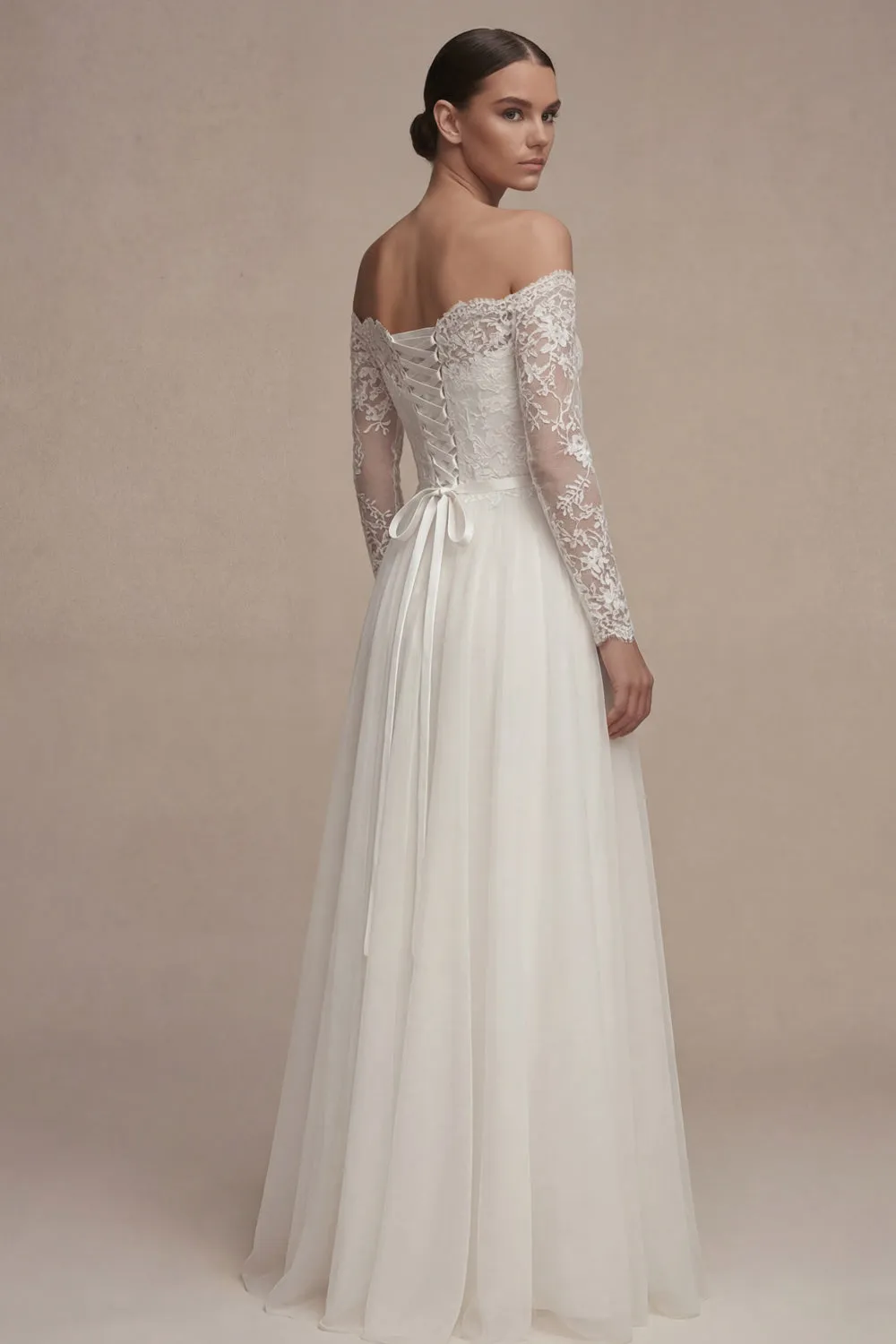White Long Sleeves Floral A Line Wedding Dress with Lace sold by Zapaka product image thumbnail 2
