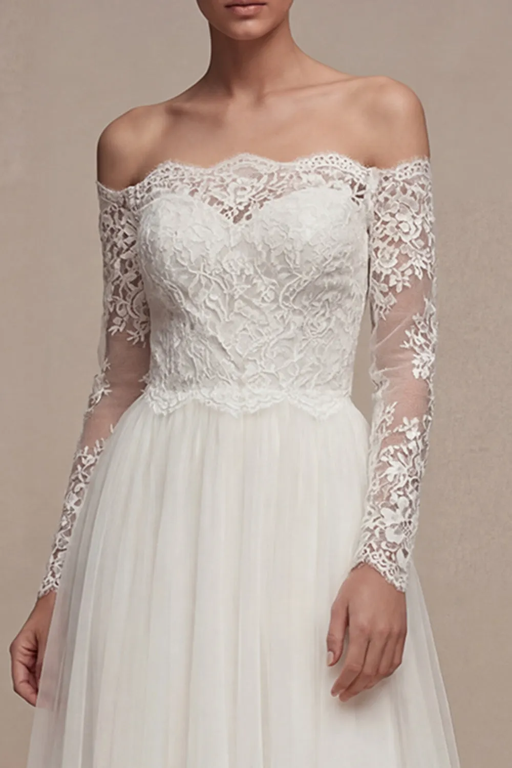 White Long Sleeves Floral A Line Wedding Dress with Lace sold by Zapaka product image thumbnail 3