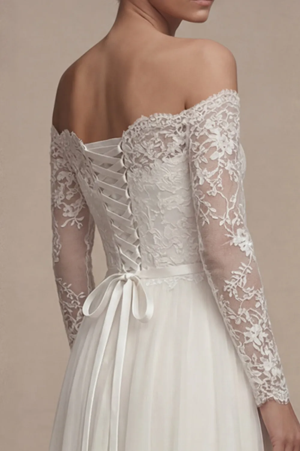 White Long Sleeves Floral A Line Wedding Dress with Lace sold by Zapaka product image thumbnail 4