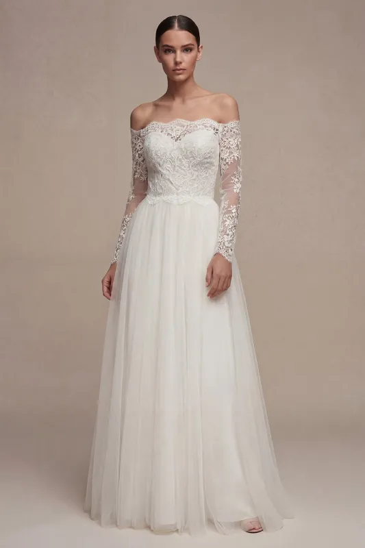 White Long Sleeves Floral A Line Wedding Dress with Lace made by Zapaka