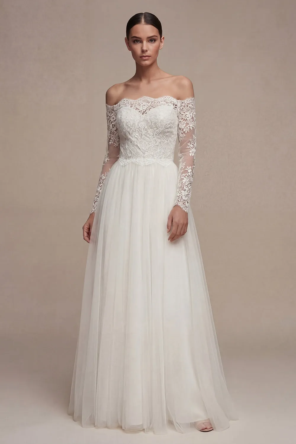 White Long Sleeves Floral A Line Wedding Dress with Lace sold by Zapaka