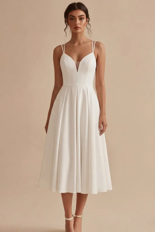 Simple White Satin Midi A Line Beach Wedding Dress made by Zapaka