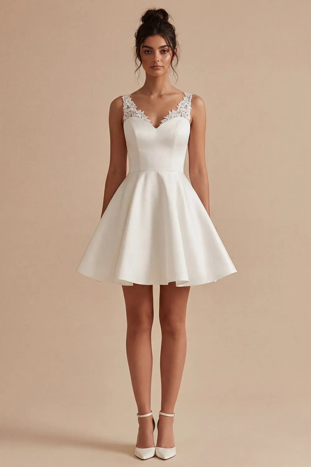 White Short V-Neck A Line Graduation Dress with Lace sold by Zapaka