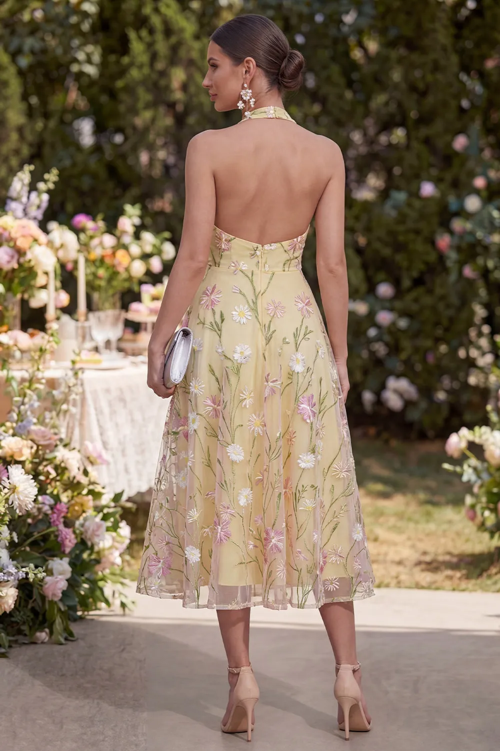 Light Yellow A-Line Halter Appliqued Midi Floral Dresses sold by Zapaka product image thumbnail 2
