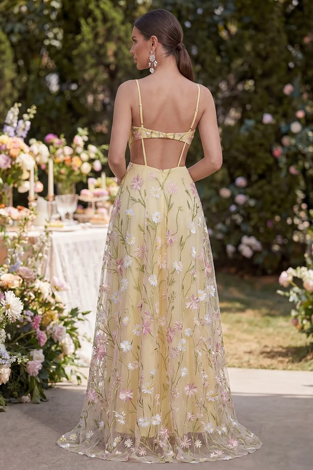 Light Yellow Spaghetti Straps A-Line Hollow Appliqued Maxi Floral with Slit sold by Zapaka product image thumbnail 2
