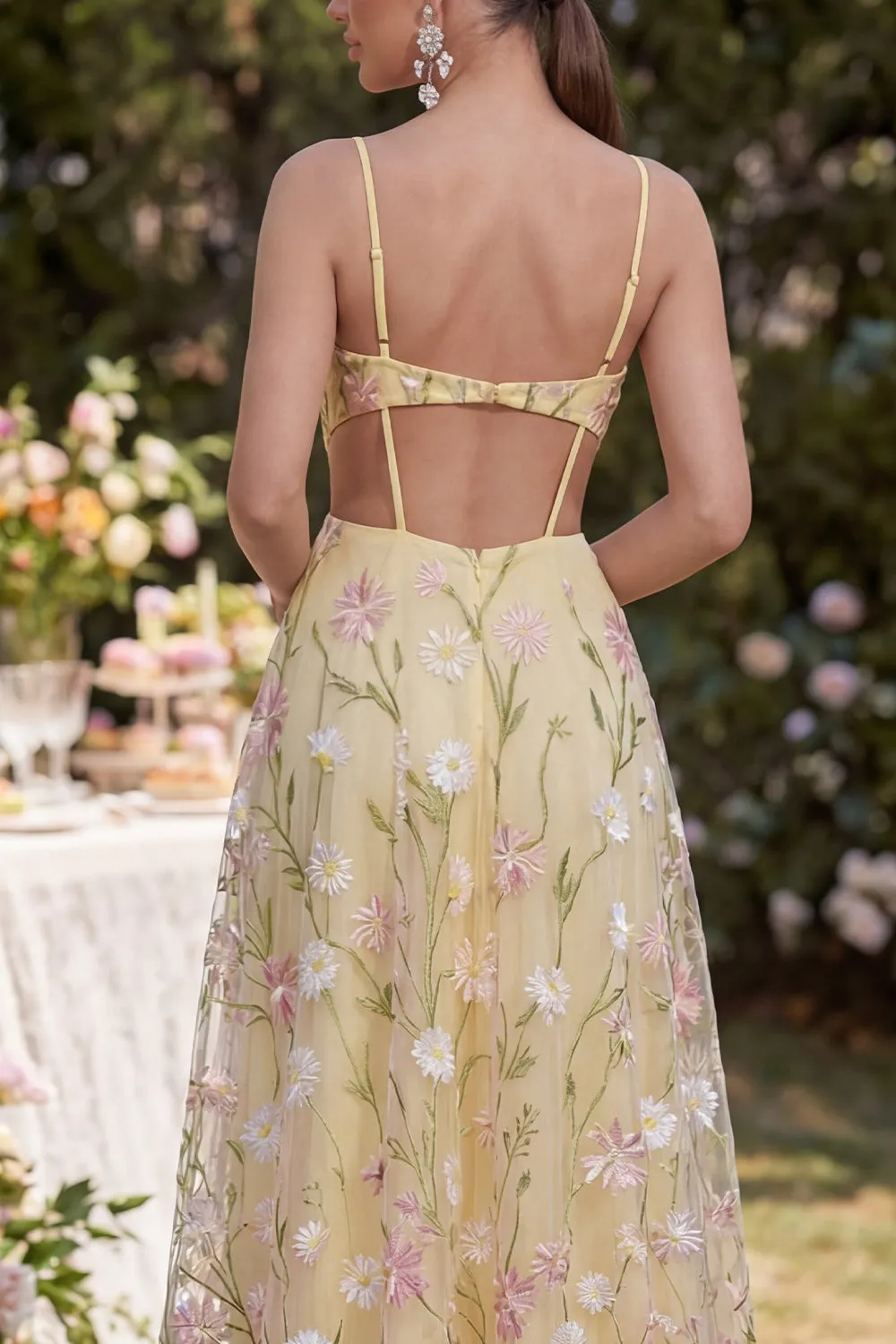 Light Yellow Spaghetti Straps A-Line Hollow Appliqued Maxi Floral with Slit sold by Zapaka product image thumbnail 4