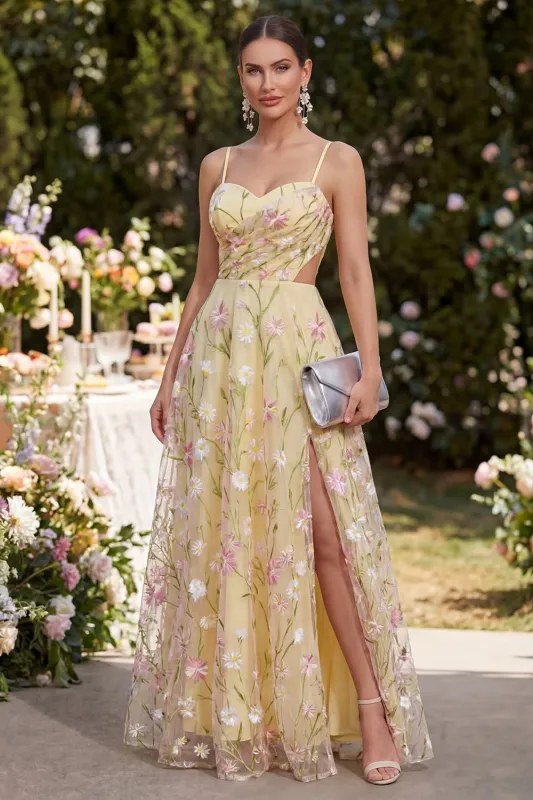Light Yellow Spaghetti Straps A-Line Hollow Appliqued Maxi Floral with Slit made by Zapaka