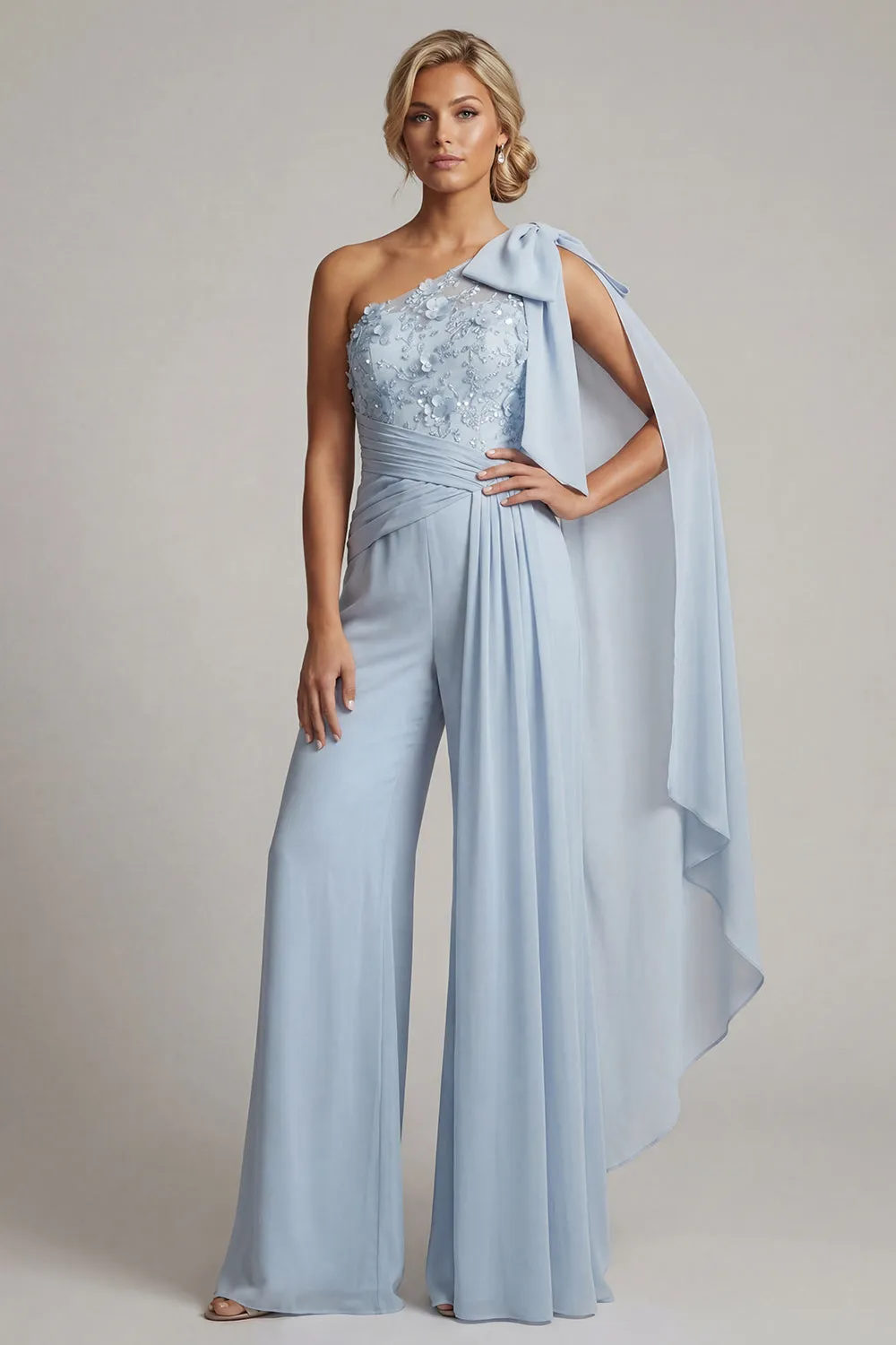Ruffled One Shoulder Sky Blue Floral Long Mother of the Bride Jumpsuits with Lace sold by Zapaka product image thumbnail 3