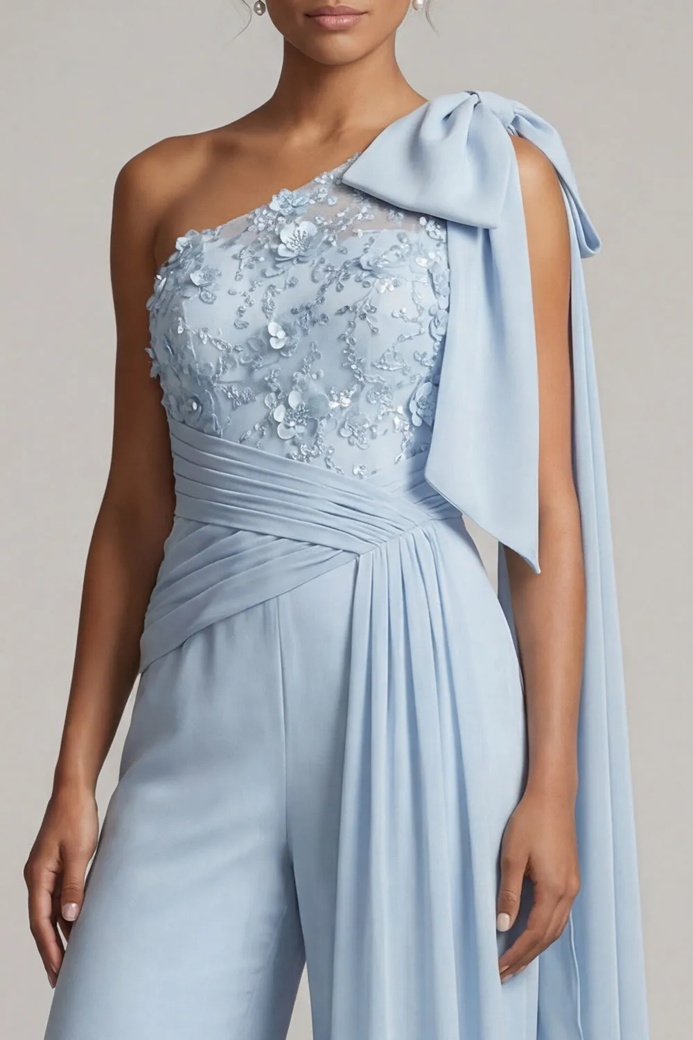 Ruffled One Shoulder Sky Blue Floral Long Mother of the Bride Jumpsuits with Lace sold by Zapaka product image thumbnail 4