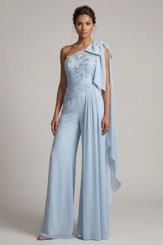 Ruffled One Shoulder Sky Blue Floral Long Mother of the Bride Jumpsuits with Lace made by Zapaka