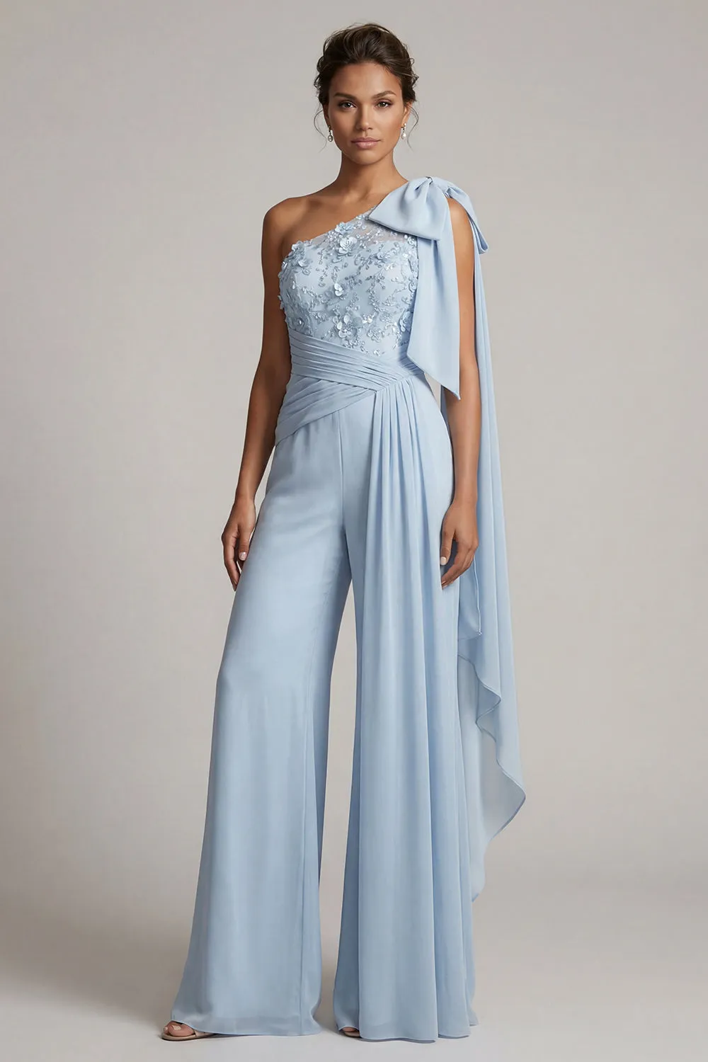 Ruffled One Shoulder Sky Blue Floral Long Mother of the Bride Jumpsuits with Lace sold by Zapaka
