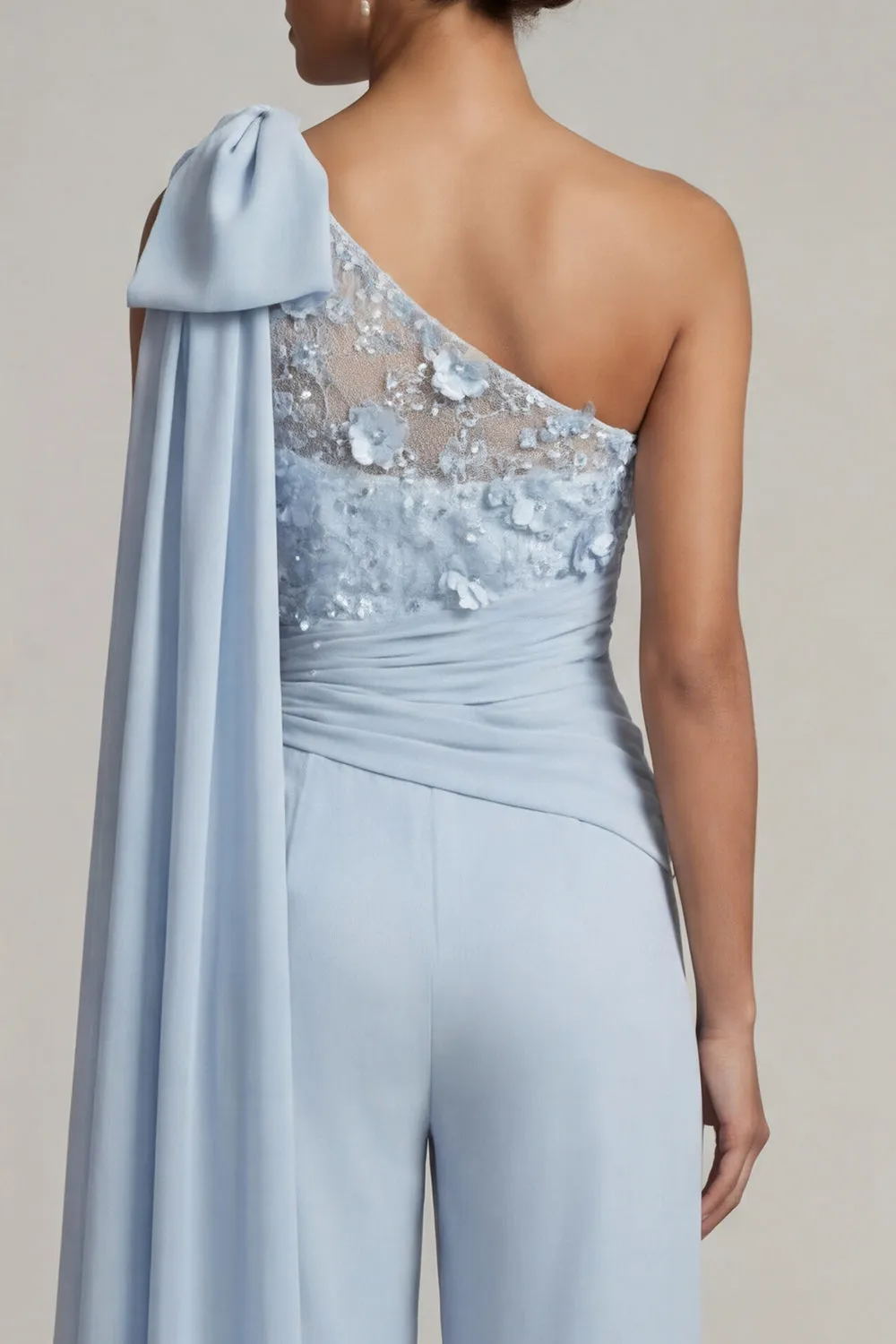 Ruffled One Shoulder Sky Blue Floral Long Mother of the Bride Jumpsuits with Lace sold by Zapaka product image thumbnail 5