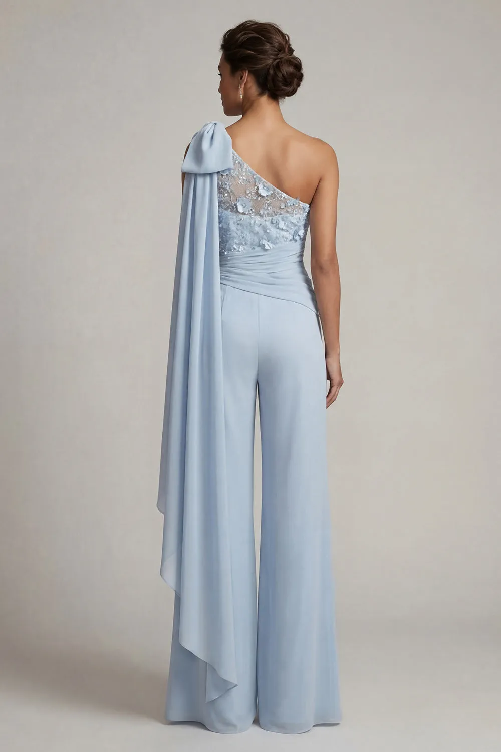 Ruffled One Shoulder Sky Blue Floral Long Mother of the Bride Jumpsuits with Lace sold by Zapaka product image thumbnail 2