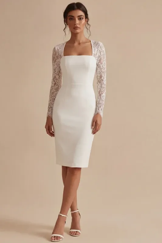 White Midi Bodycon Floral Wedding Dress with Lace made by Zapaka