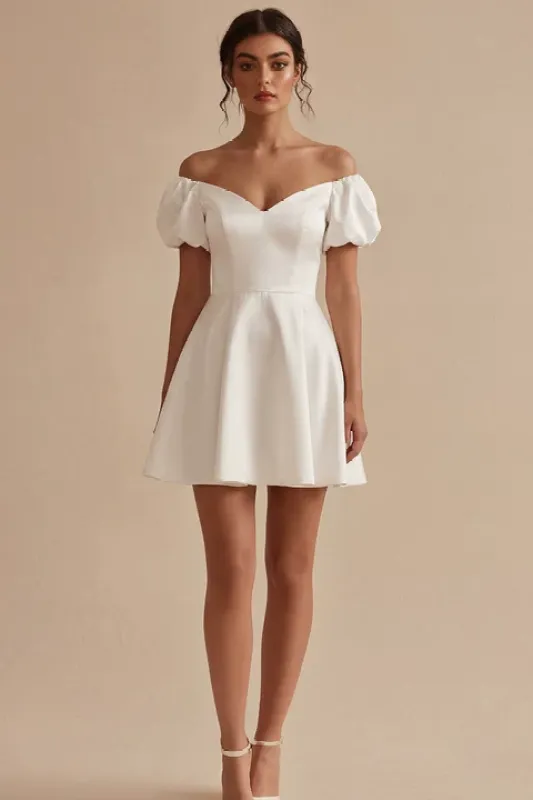 White Puff Sleeves Off the Shoulder Short A Line Graduation Dress made by Zapaka