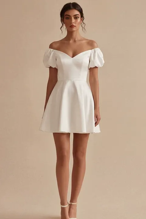 White Puff Sleeves Off the Shoulder Short A Line Graduation Dress sold by Zapaka