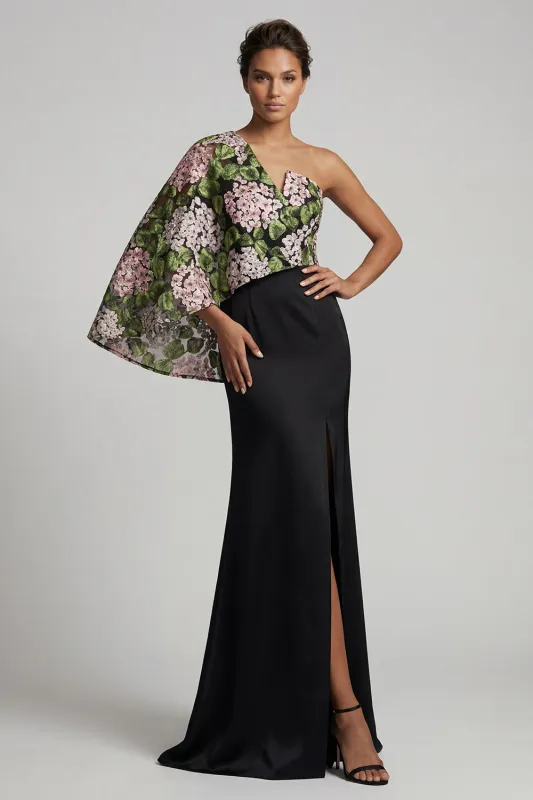 Black Floral Mermaid Long Mother of the Bride Dress with Side Cape made by Zapaka