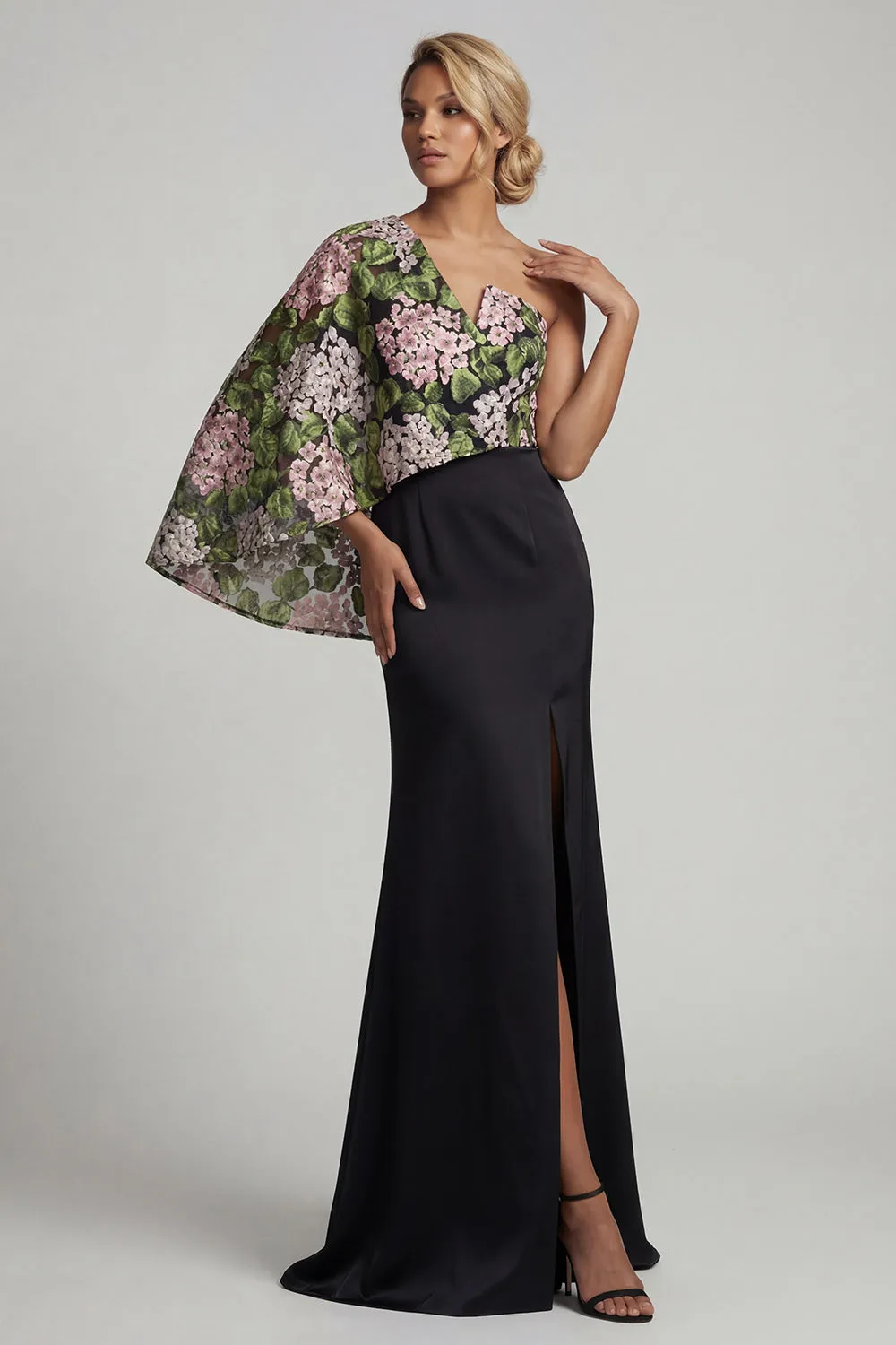 Black Floral Mermaid Long Mother of the Bride Dress with Side Cape sold by Zapaka product image thumbnail 3