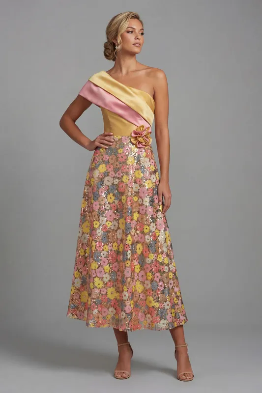 Sparkly Yellow One Shoulder Long Floral A Line Mother of the Bride Dress made by Zapaka