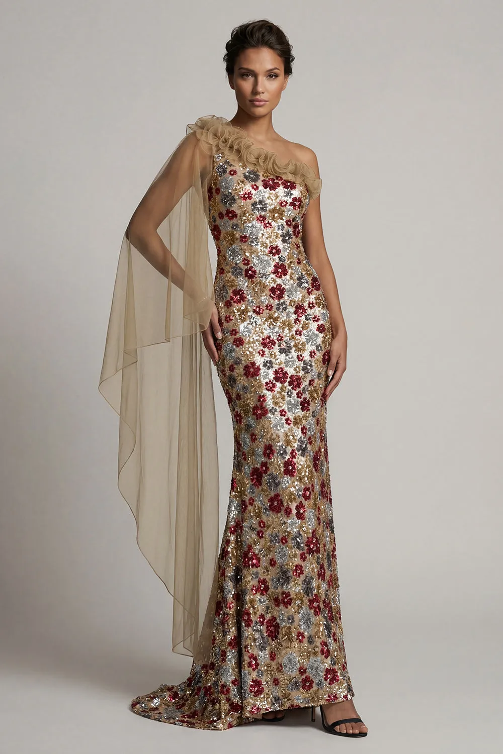 Sparkly Red Floral Mermaid Ruffled Sequin Long Mother of the Bride Dress with Side Cape sold by Zapaka