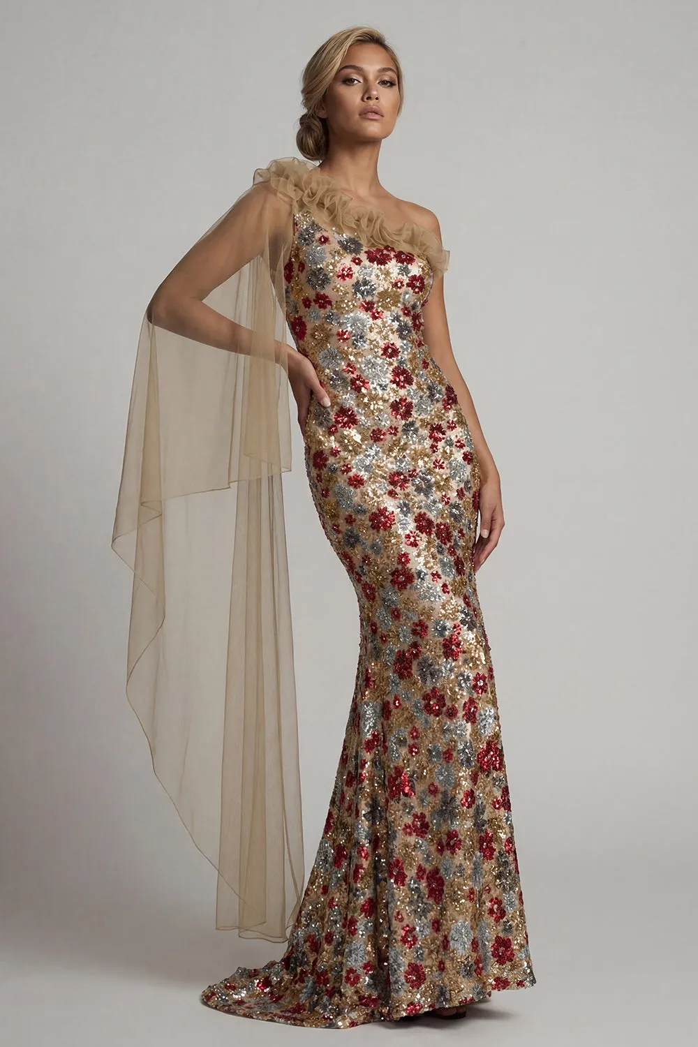 Sparkly Red Floral Mermaid Ruffled Sequin Long Mother of the Bride Dress with Side Cape sold by Zapaka product image thumbnail 3