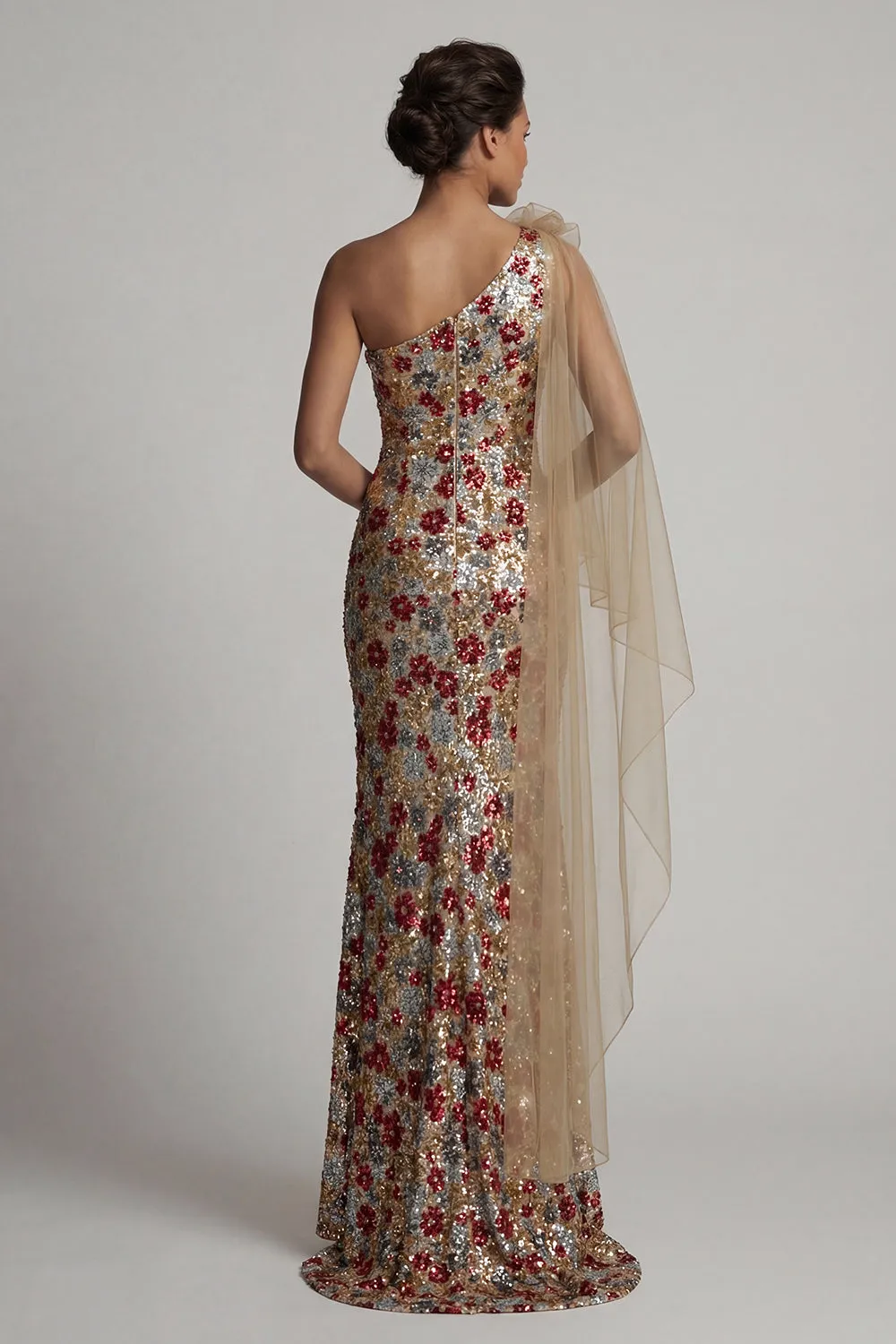 Sparkly Red Floral Mermaid Ruffled Sequin Long Mother of the Bride Dress with Side Cape sold by Zapaka product image thumbnail 2