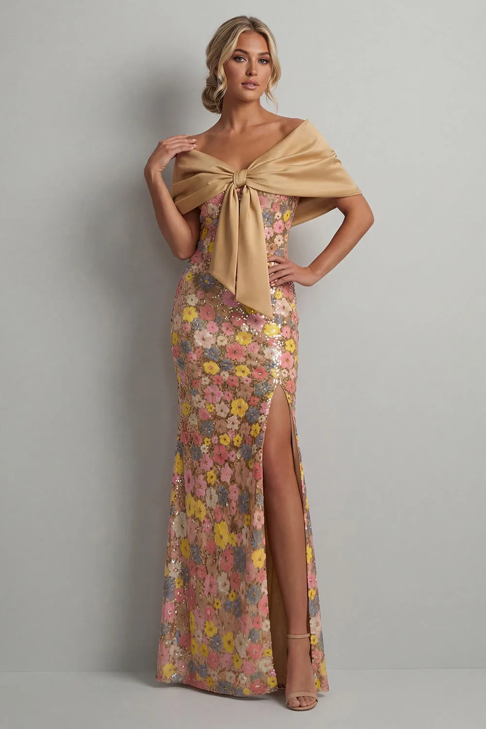 Sparkly Yellow Floral Mermaid Long Mother of the Bride Dress with Slit sold by Zapaka product image thumbnail 3
