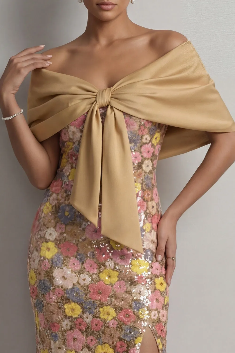 Sparkly Yellow Floral Mermaid Long Mother of the Bride Dress with Slit sold by Zapaka product image thumbnail 4