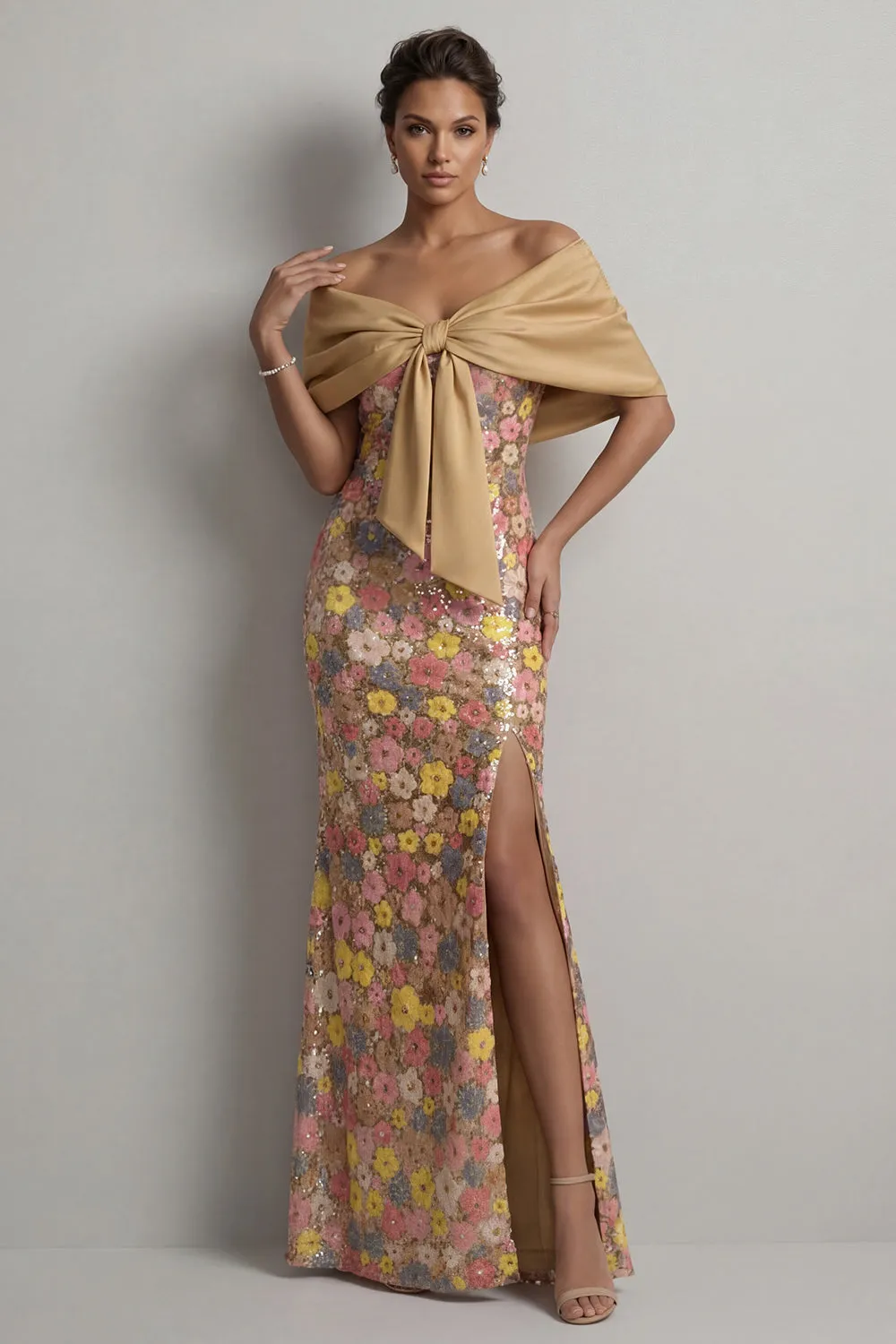 Sparkly Yellow Floral Mermaid Long Mother of the Bride Dress with Slit sold by Zapaka