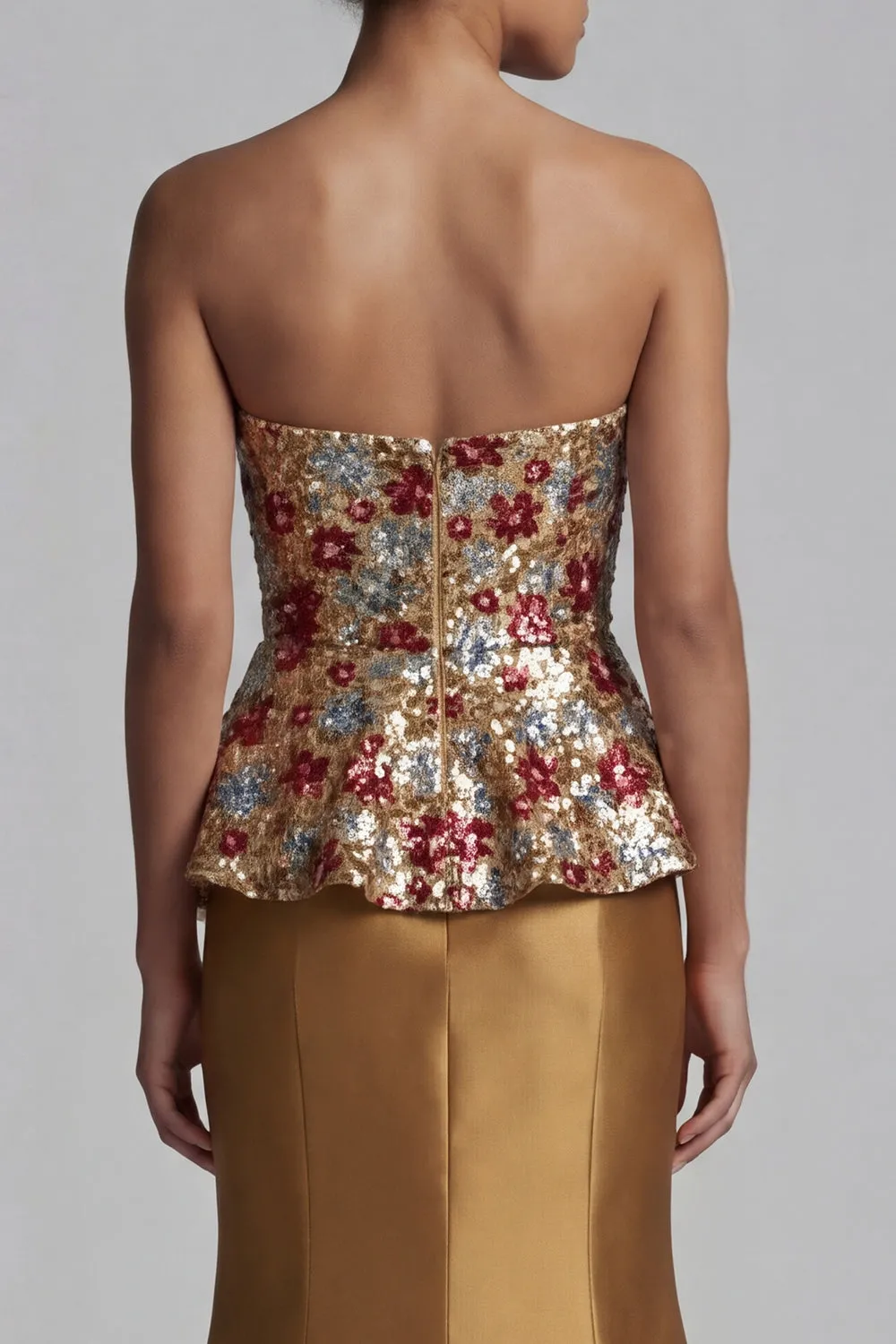 Strapless Floral Mermaid Sparkly Gold Long Mother of the Bride Dress with Sequins sold by Zapaka product image thumbnail 5