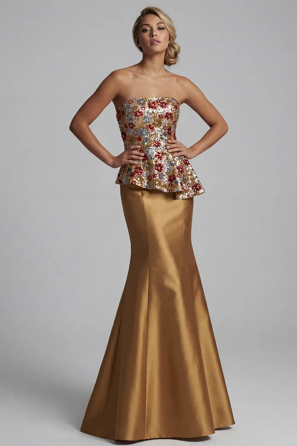 Strapless Floral Mermaid Sparkly Gold Long Mother of the Bride Dress with Sequins sold by Zapaka product image thumbnail 3