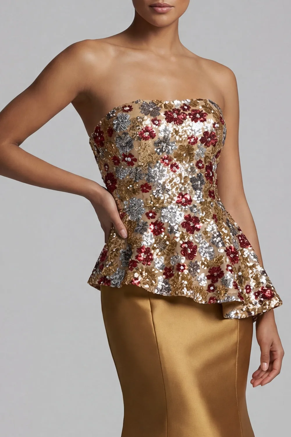 Strapless Floral Mermaid Sparkly Gold Long Mother of the Bride Dress with Sequins sold by Zapaka product image thumbnail 4