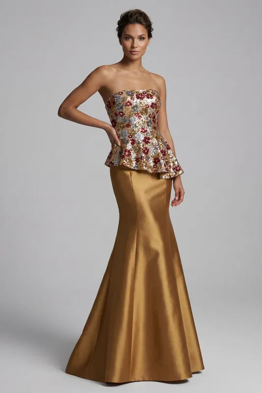 Strapless Floral Mermaid Sparkly Gold Long Mother of the Bride Dress with Sequins made by Zapaka