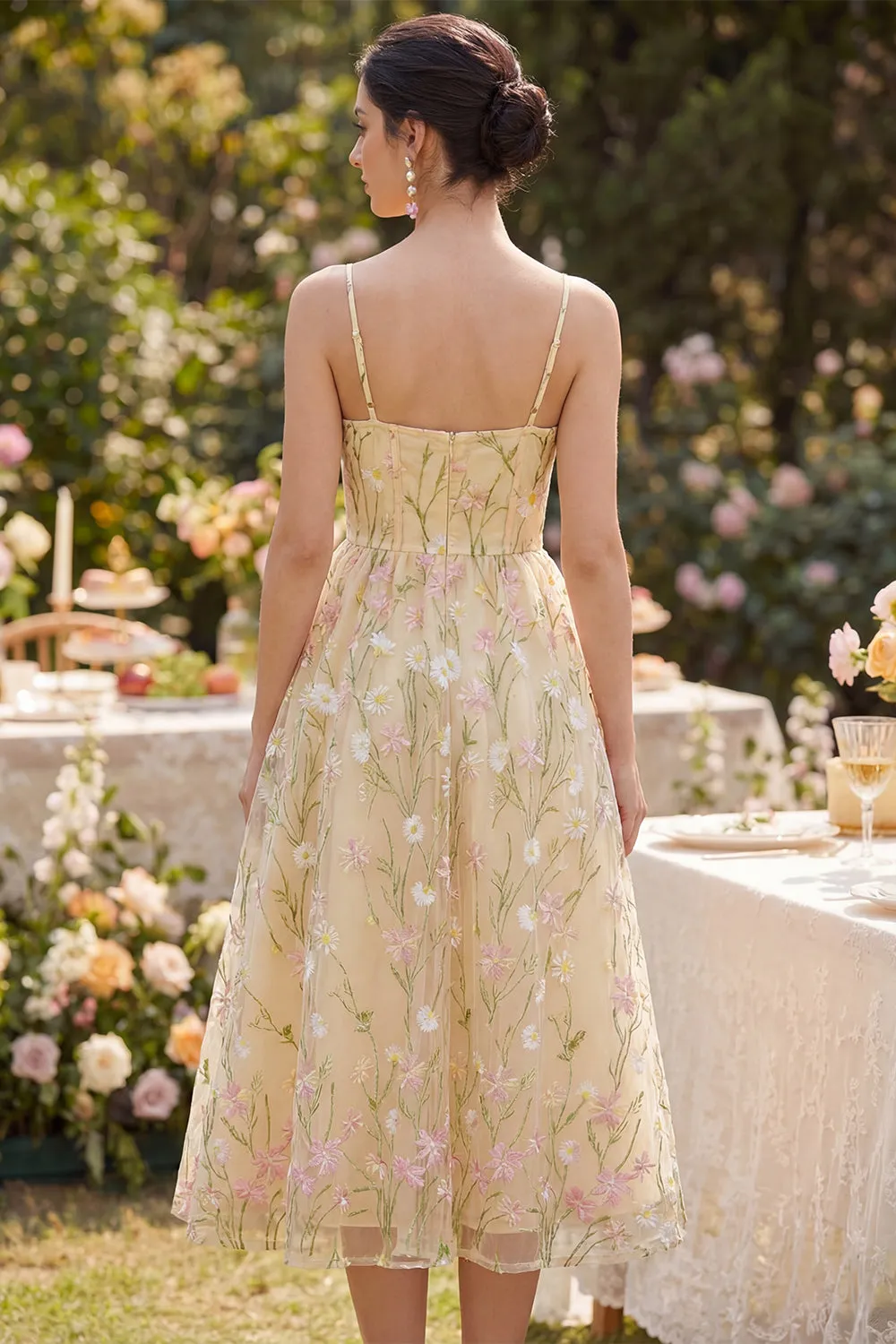 Light Yellow Corset Spaghetti Straps Floral A Line Midi Dress sold by Zapaka product image thumbnail 2