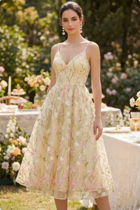 Light Yellow Corset Spaghetti Straps Floral A Line Midi Dress made by Zapaka