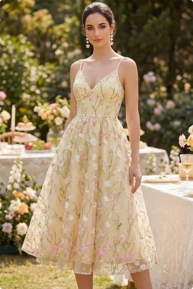 Light Yellow Corset Spaghetti Straps Floral A Line Midi Dress sold by Zapaka