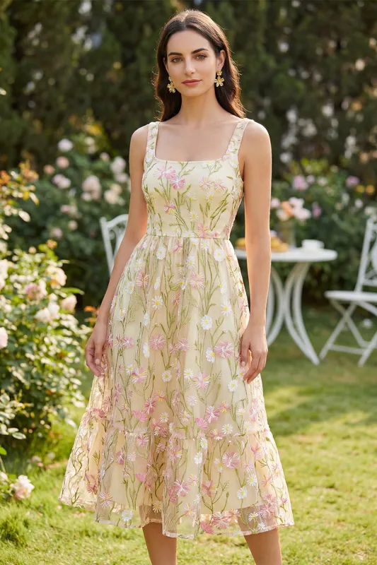 Square Neck Floral Light Yellow A Line Midi Dress made by Zapaka