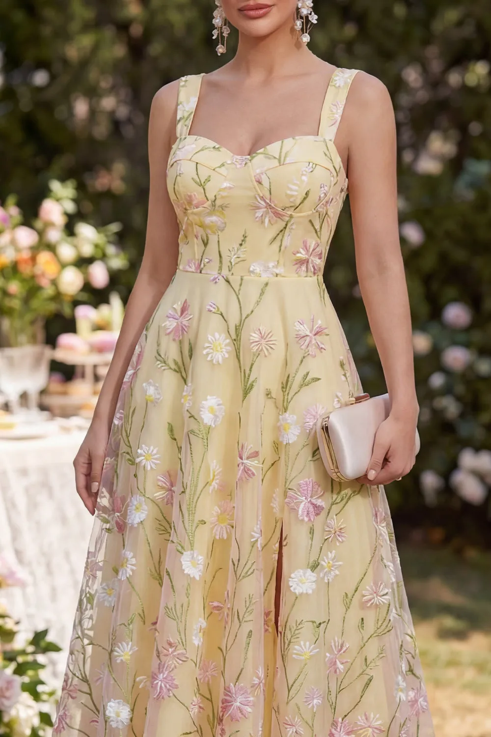 Thick Straps Floral Light Yellow A Line Midi Dress sold by Zapaka product image thumbnail 3