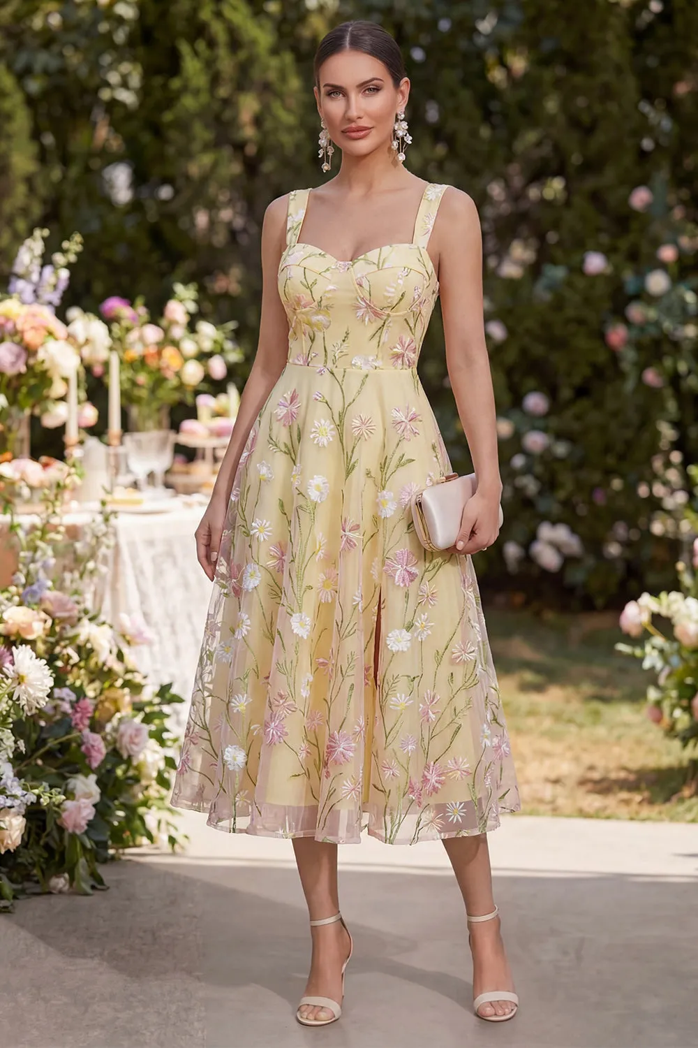 Thick Straps Floral Light Yellow A Line Midi Dress sold by Zapaka