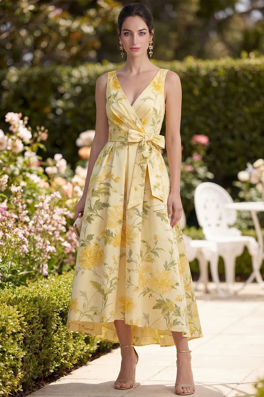Yellow Floral Butter V-Neck Ruched A Line Midi Dress with Bow sold by Zapaka