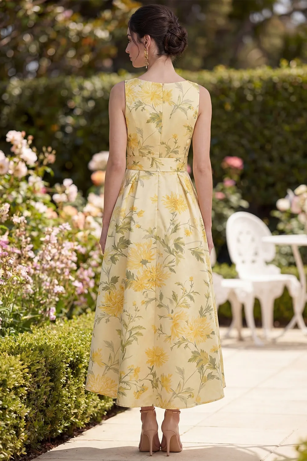 Yellow Floral Butter V-Neck Ruched A Line Midi Dress with Bow sold by Zapaka product image thumbnail 2