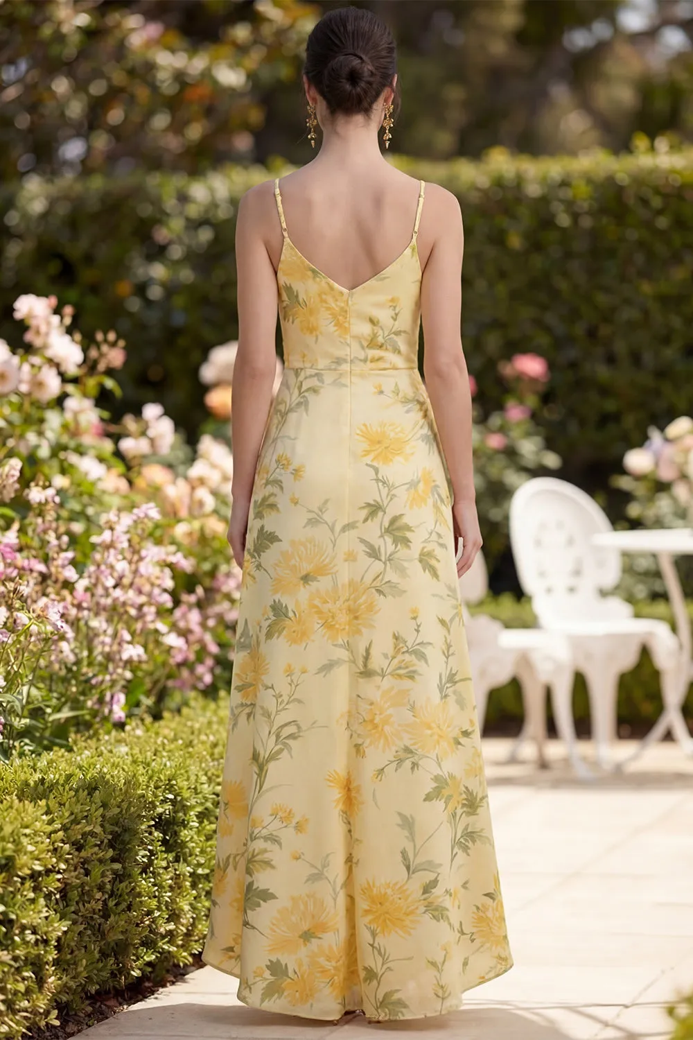 Yellow Ruched Butter Maxi Spaghetti Straps Sheath Floral Dress sold by Zapaka product image thumbnail 2