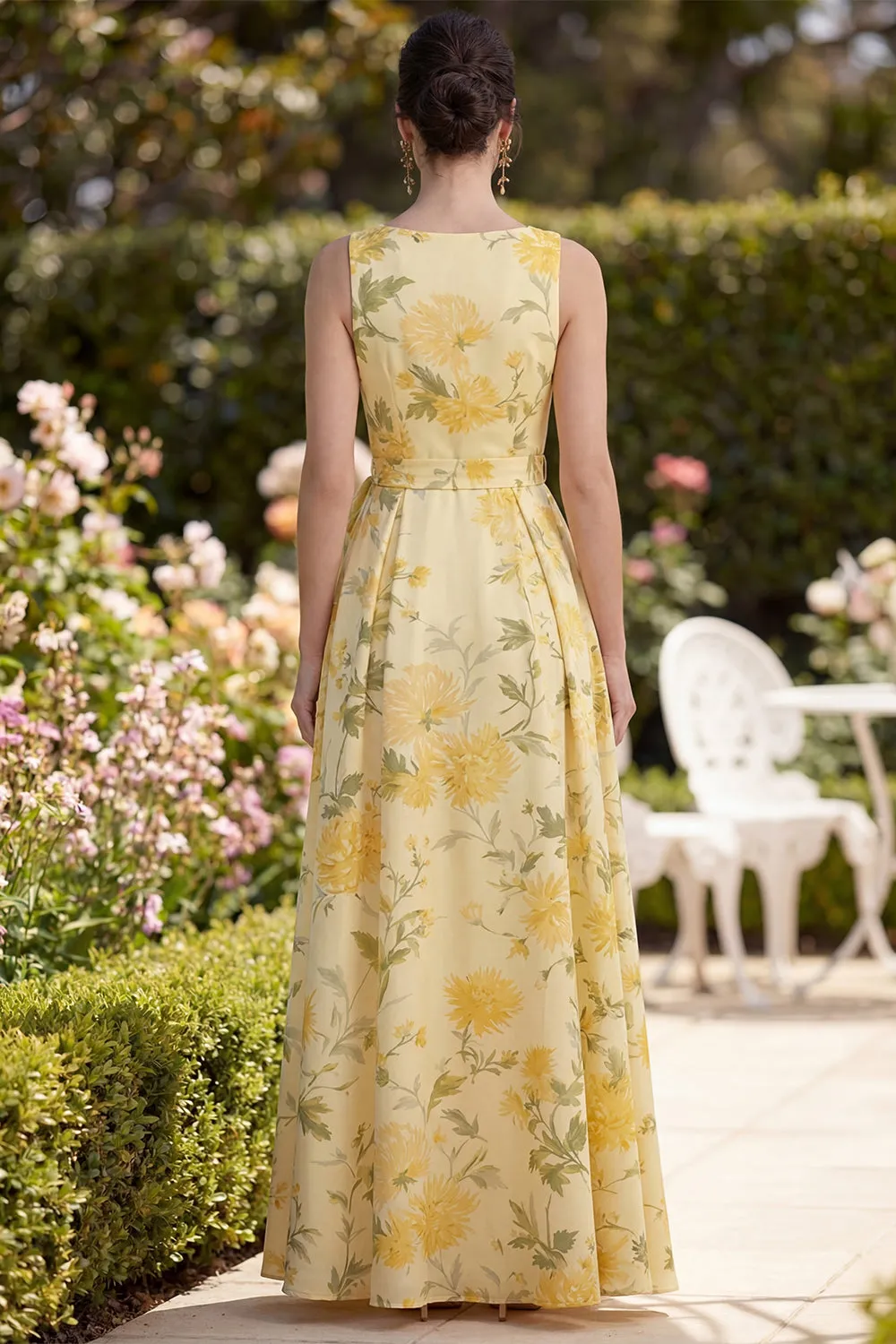 Butter Yellow V-Neck Ruched A Line Maxi Floral Dress with Slit sold by Zapaka product image thumbnail 2